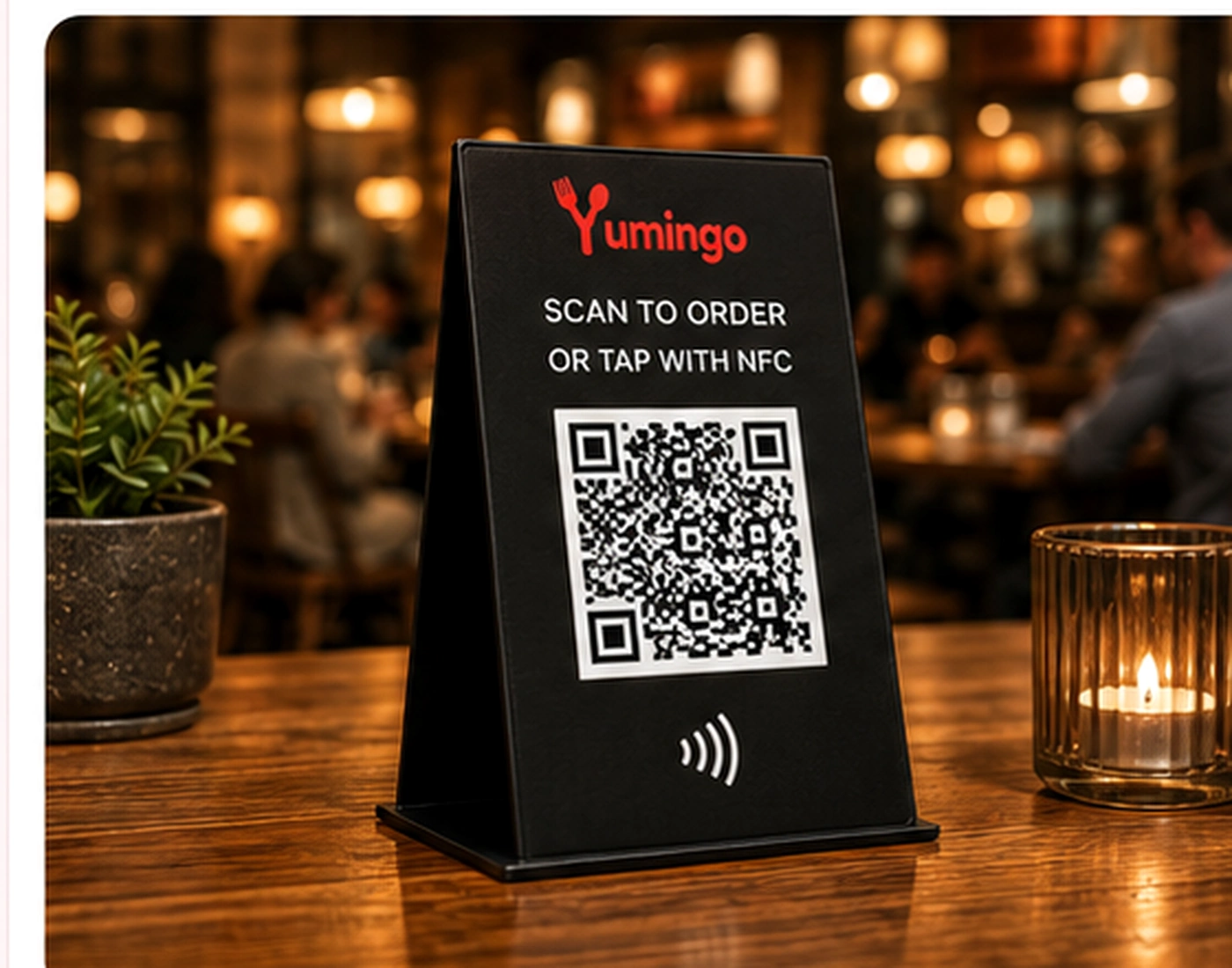 Yumingo QR and NFC table ordering stand in a restaurant